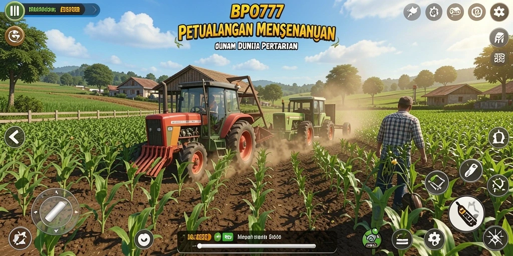 Screenshot gameplay BPO777 menunjukkan suasana pertanian yang menenangkan.
