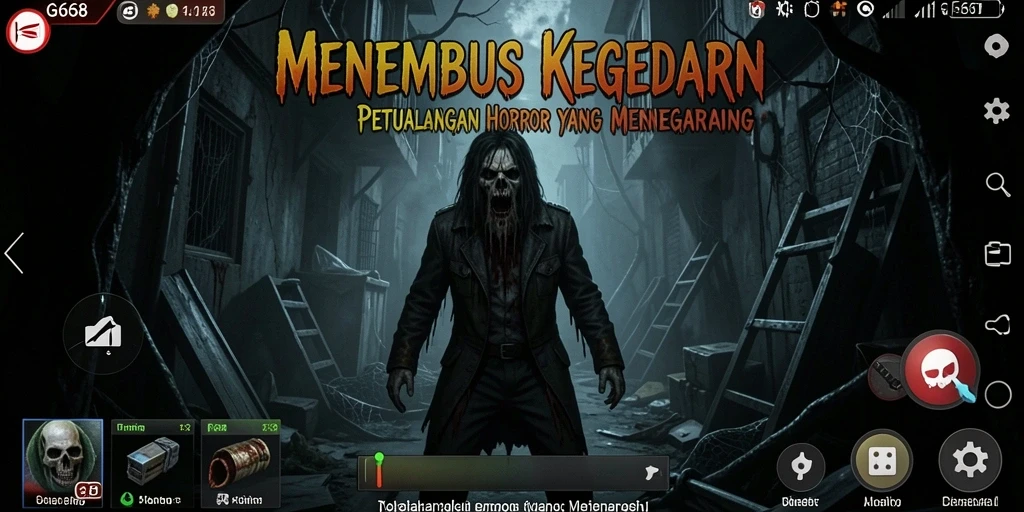 Screenshot gameplay G668 menampilkan suasana horror yang gelap dan menegangkan.