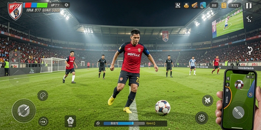 Screenshot HP777 menampilkan aksi seru saat mencetak gol di lapangan sepak bola.