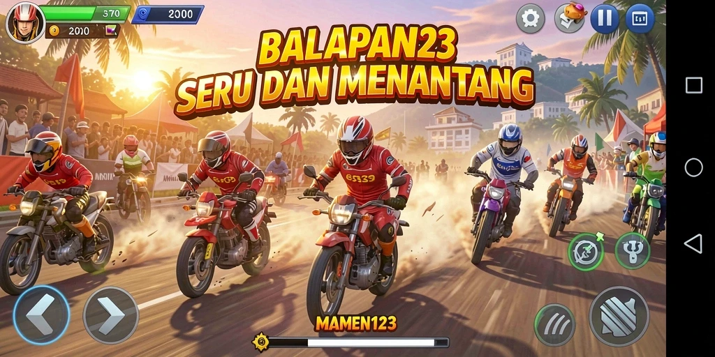 Screenshot gameplay MAMEN123 menampilkan momen seru balapan di trek yang menantang.