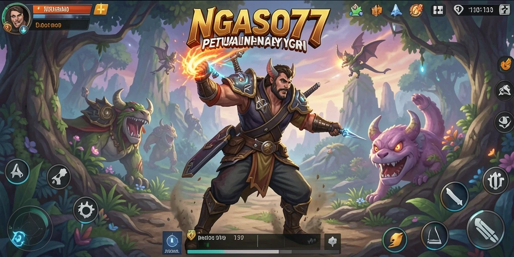 Screenshot gameplay NGASO77 menampilkan pertarungan seru dalam lingkungan fantasi.