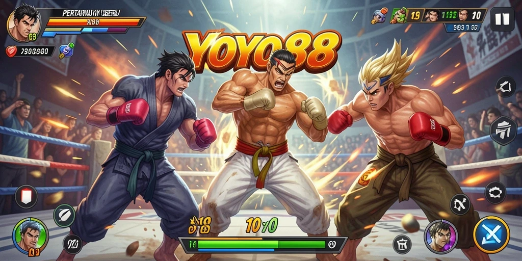 Screenshot gameplay YOYO88 menampilkan pertarungan seru antar karakter.